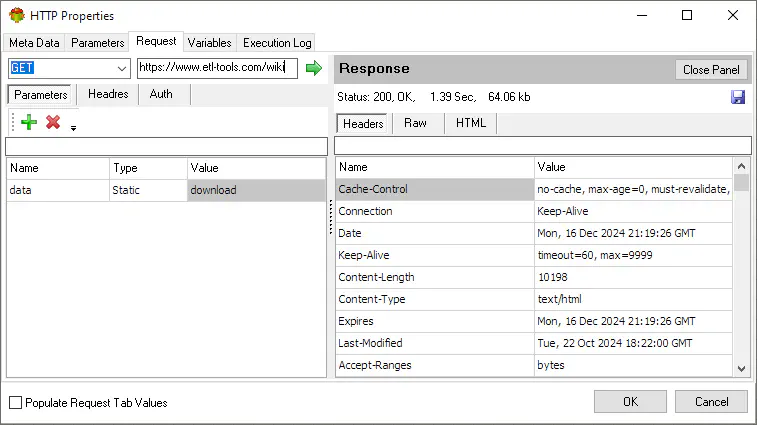 HTTP workflow action response headers in ETL software