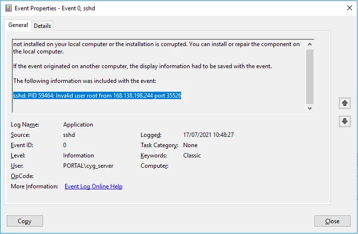 Windows event log message