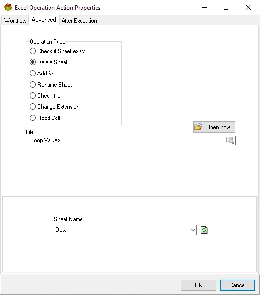 Delete Excel sheet action