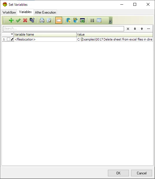 Set variables action for Excel folder path
