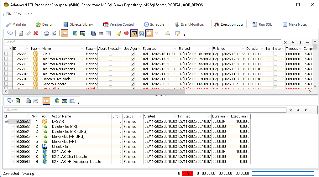 ETL execution log showing workflow status and timing