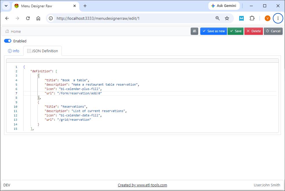 Editing Menu in RAW JSON Format