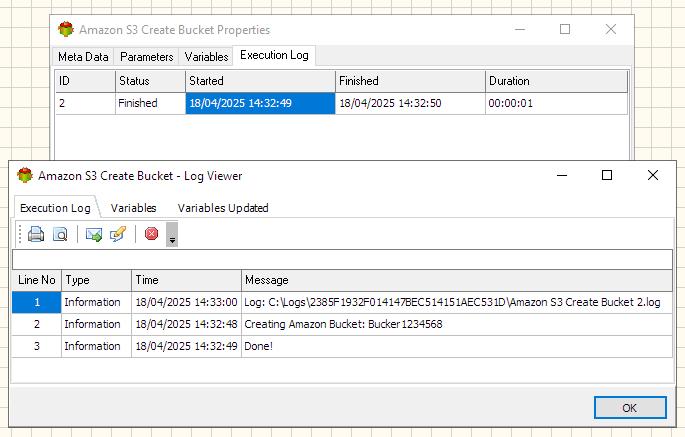 Amazon S3 Create Bucket Action - Execution log tab