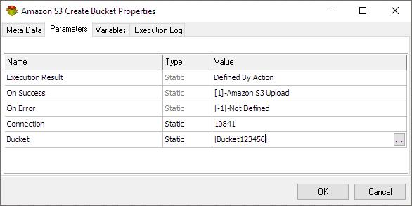 Amazon S3 Create Bucket Action - Parameters tab