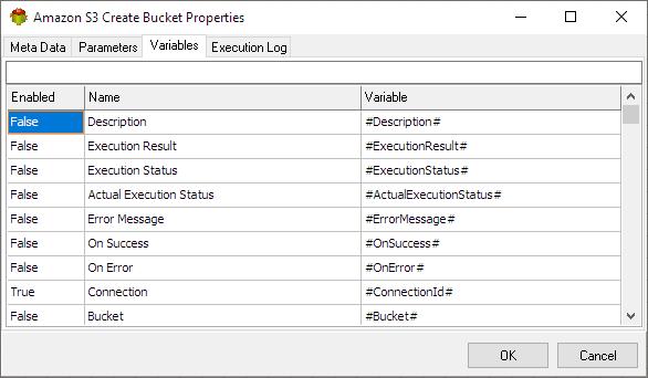 Amazon S3 Create Bucket Action - Variables tab