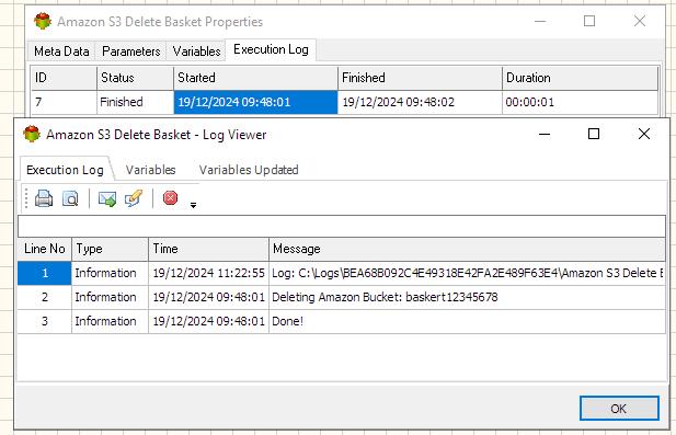 Amazon S3 Delete Bucket Action - Execution log tab
