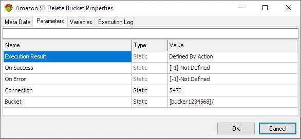 Amazon S3 Delete Bucket Action - Parameters tab