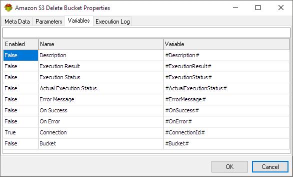 Amazon S3 Delete Bucket Action - Variables tab