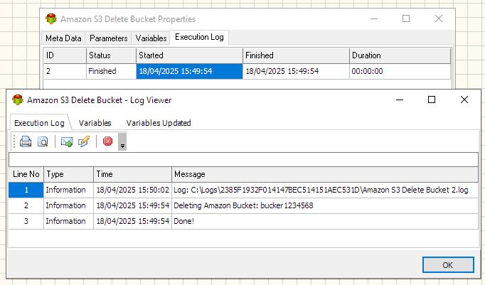 Amazon S3 Delete Files Action - Execution log tab