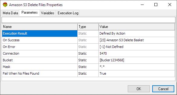 Amazon S3 Delete Files Action - Parameters tab