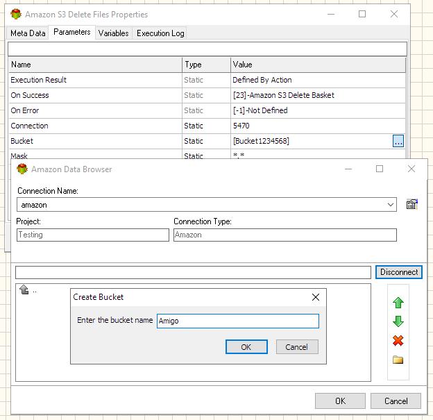 Amazon S3 Delete Files Action - Selecting Bucket
