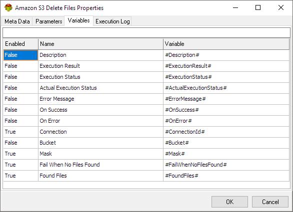 Amazon S3 Delete Files Action - Variables tab
