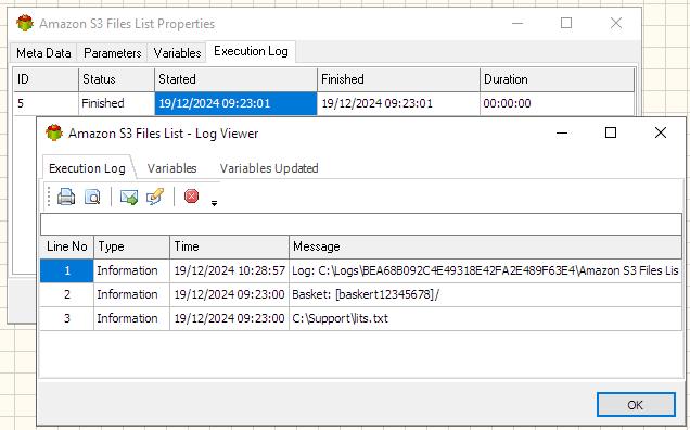 Amazon S3 Files List Action - Execution log tab