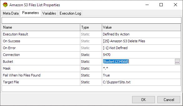 Amazon S3 Files List Action - Parameters tab