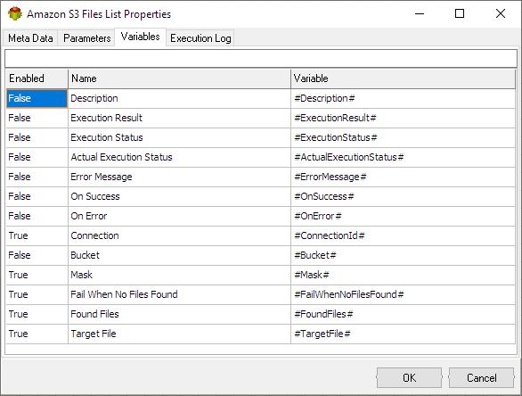 Amazon S3 Files List Action - Variables tab