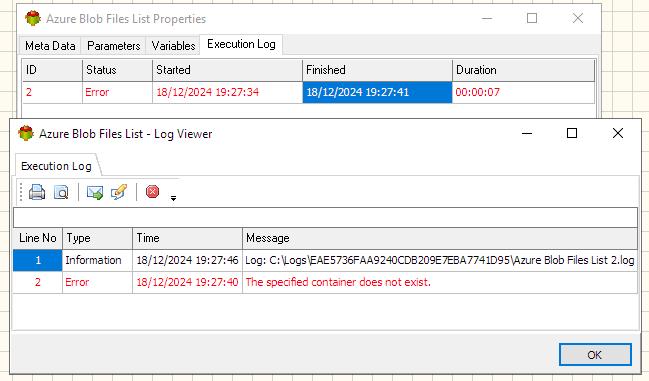 Azure Blob Files List Action - Execution log tab