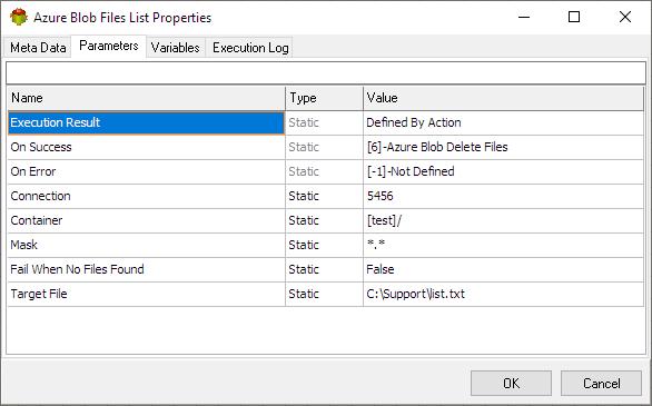 Azure Blob Files List Action - Parameters tab