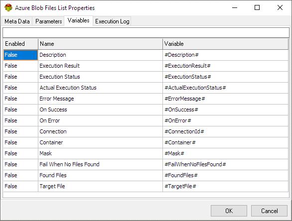 Azure Blob Files List Action - Variables tab