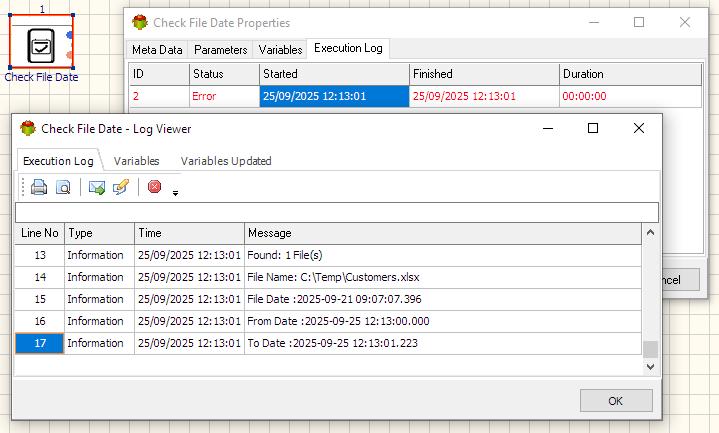 Check File Date Action - Execution log tab