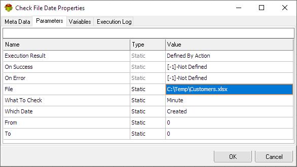 Check File Date Action - Parameters tab