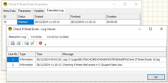 Check If Sheet Exists Action - Execution log tab