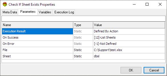 Check If Sheet Exists Action - Parameters tab