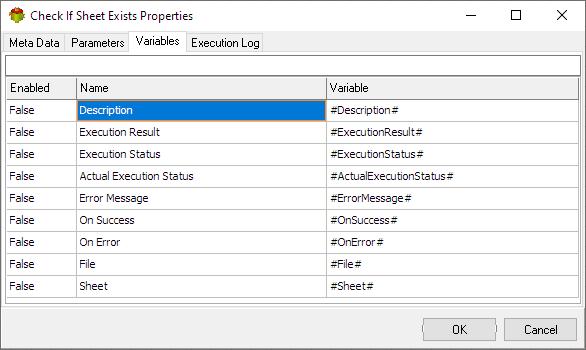 Check If Sheet Exists Action - Variables tab