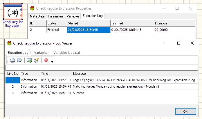 Check Regular Expression Action - Execution log tab