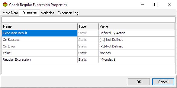 Check Regular Expression Action - Parameters tab