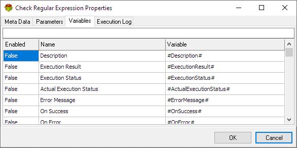 Check Regular Expression Action - Variables tab