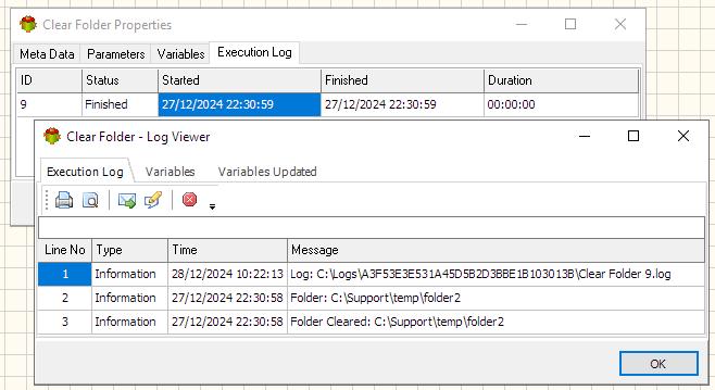 Clear Folder Action - Execution log tab