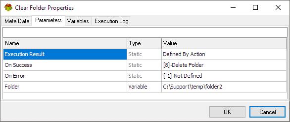 Clear Folder Action - Parameters tab