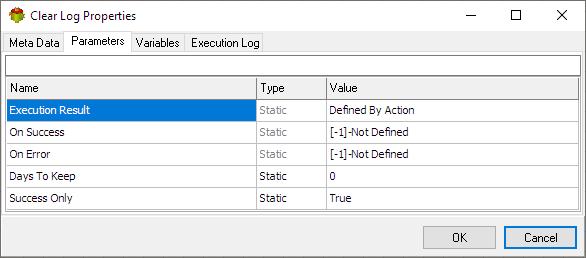 Clear Log Action - Parameters tab