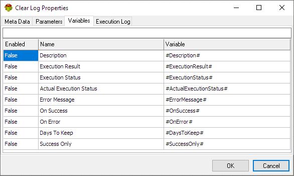 Clear Log Action - Variables tab