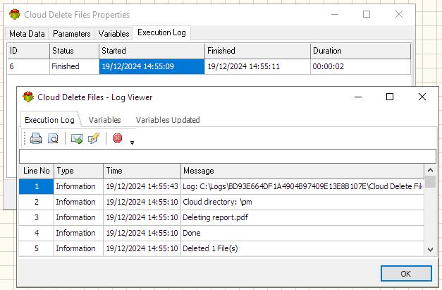 Cloud Delete Files Action - Execution log tab