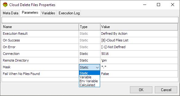Cloud Delete Files Action - Parameters tab