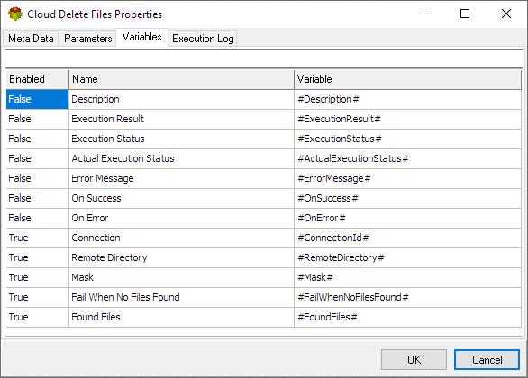 Cloud Delete Files Action - Variables tab