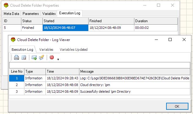 Cloud Delete Folder Action - Execution log tab