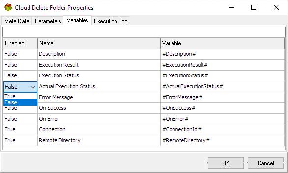 Cloud Delete Folder Action - Variables tab