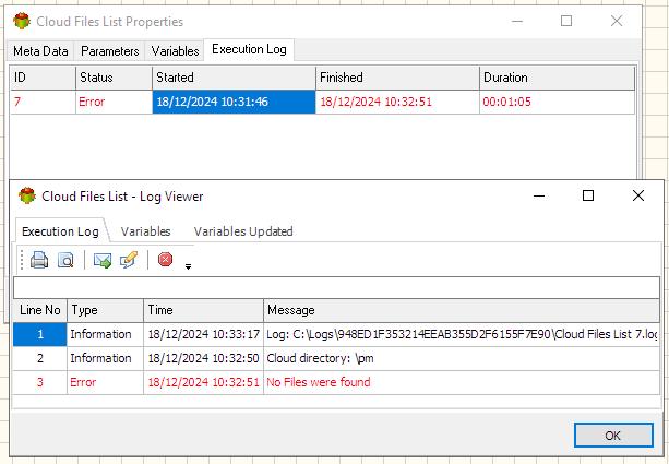 Cloud Files List Action - Execution log tab