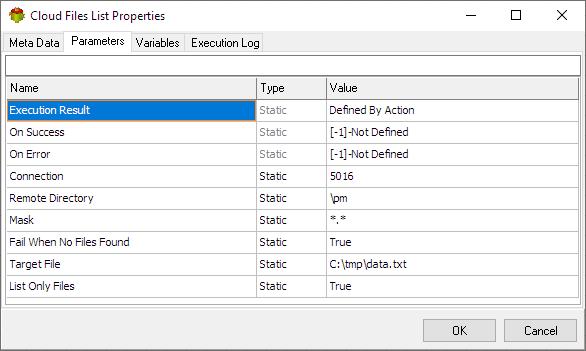 Cloud Files List Action - Parameters tab