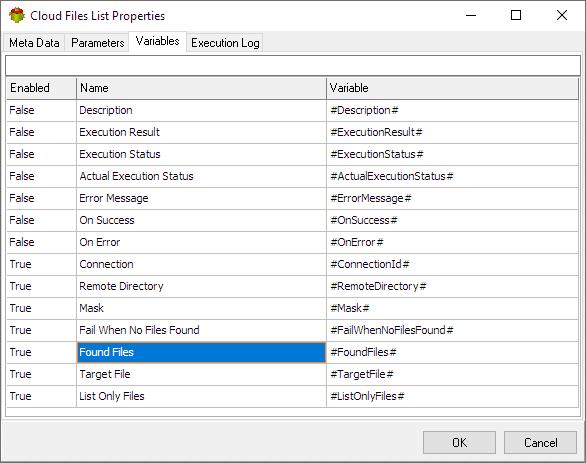 Cloud Files List Action - Variables tab