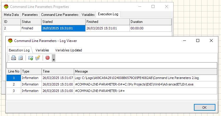 Command Line Parameters Variables Action - Execution log tab
