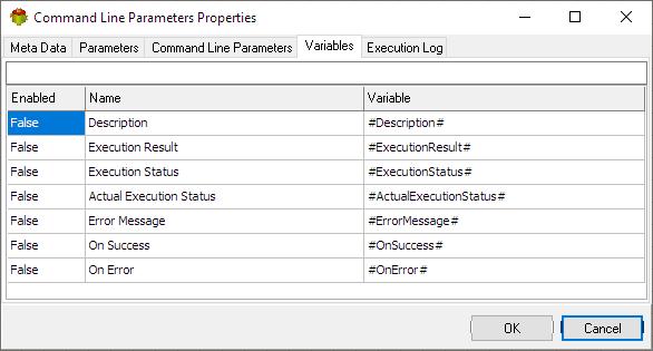 Command Line Parameters Variables Action - Variables tab