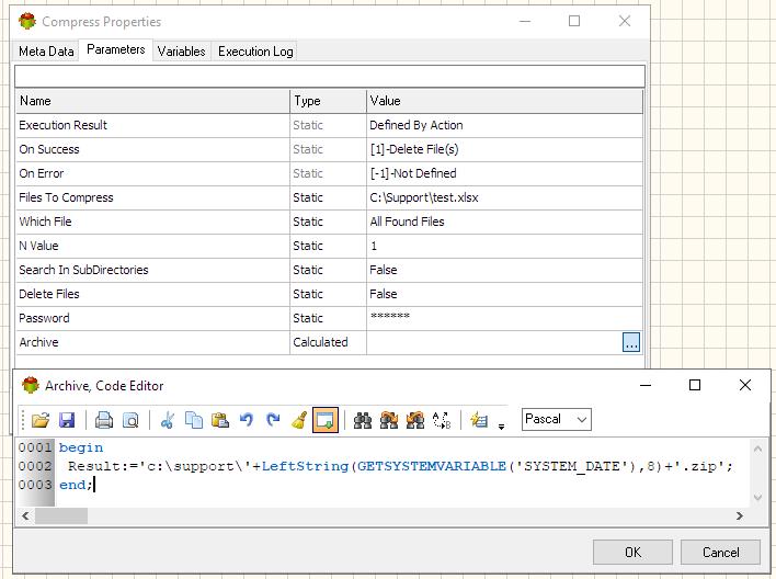 Compress Action - Calculated File Name example - Pascal