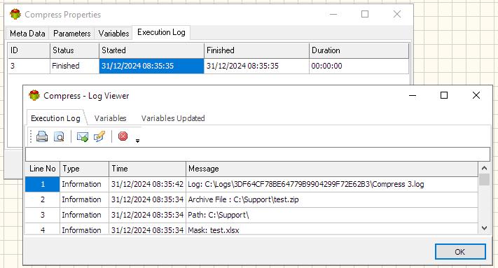 Compress Action - Execution log tab