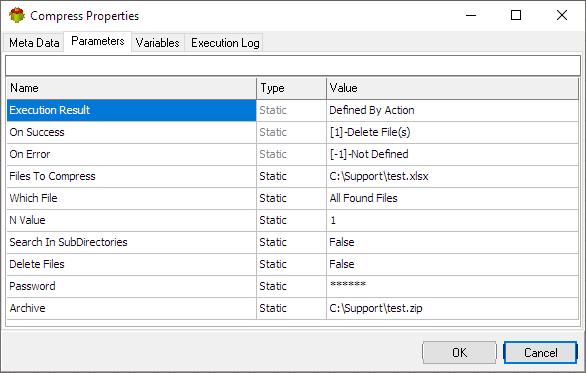 Compress Action - Parameters tab