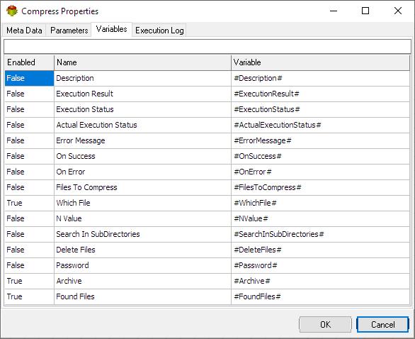 Compress Action - Variables tab