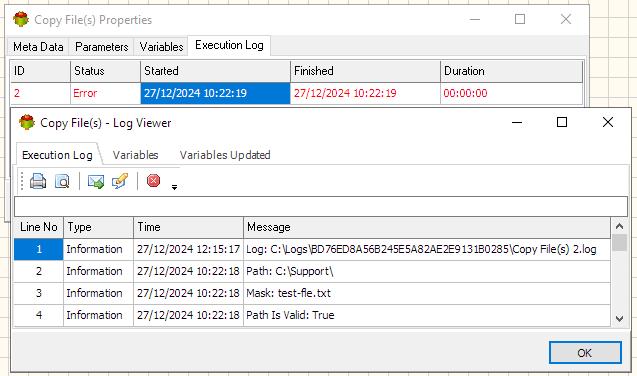 Copy Files Action - Execution log tab