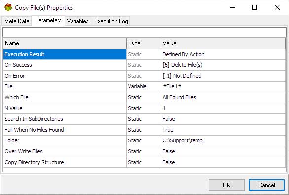 Copy Files Action - Parameters tab